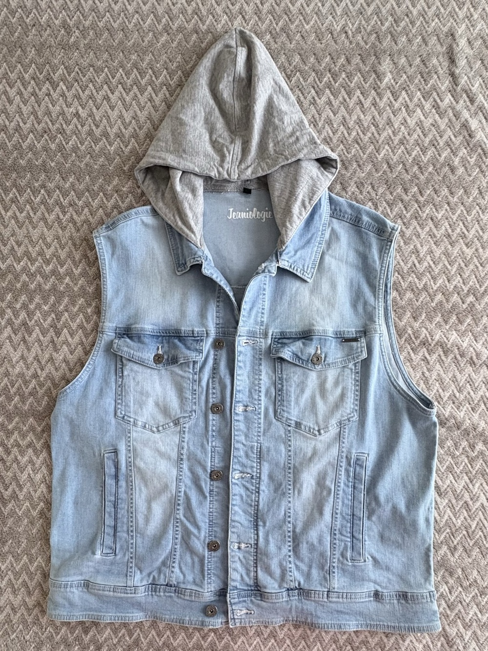 Jeaniologie Hooded Denim Vest in Light Wash Blue / Gray